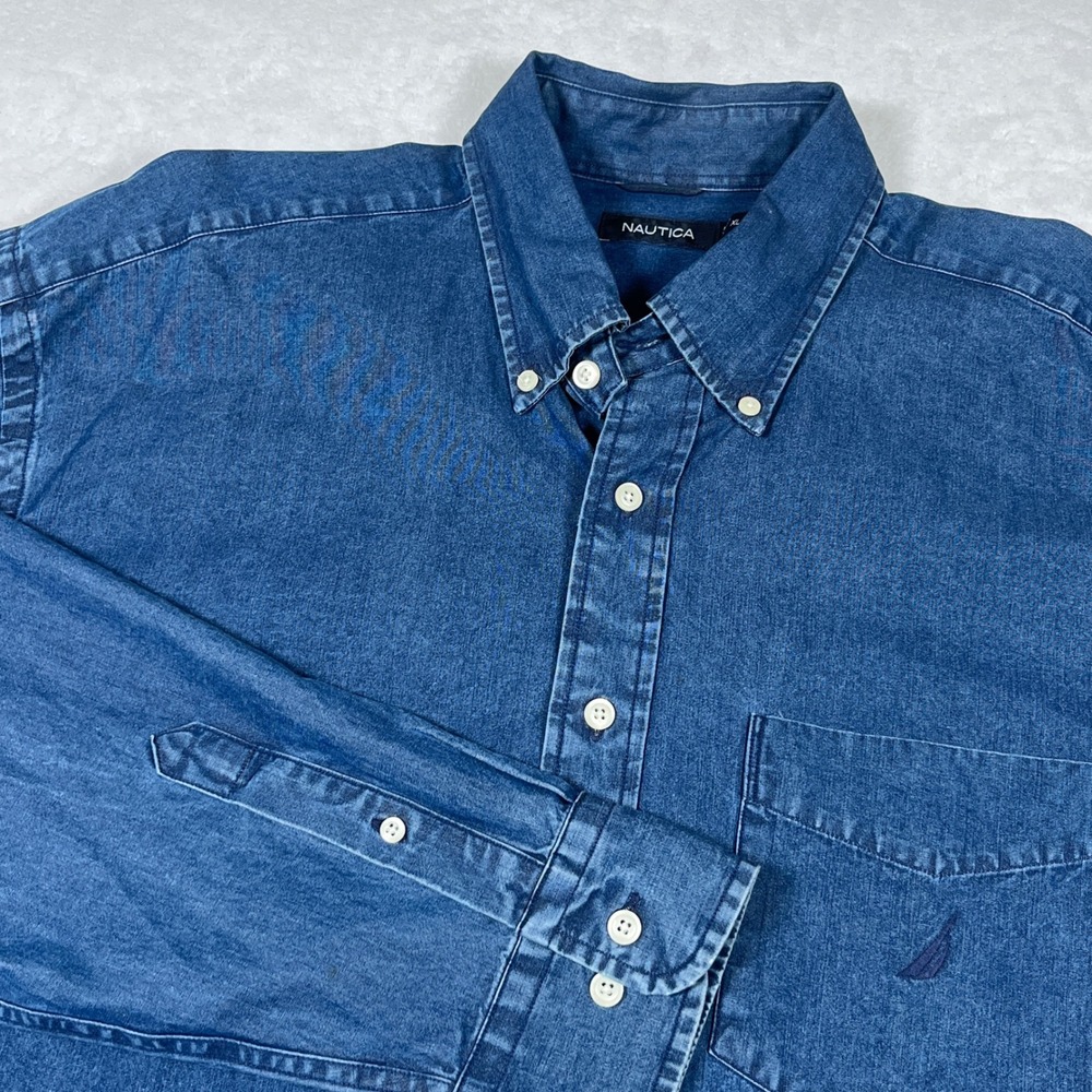 Vintage Nautica Denim Shirt Mens XL Blue Long Sleeve Button Cotton Pocket Logo